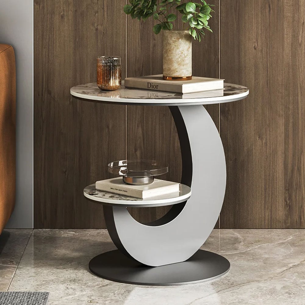 20" Round Sintered Stone 2-Tier Gold Moon-Shaped Side Table