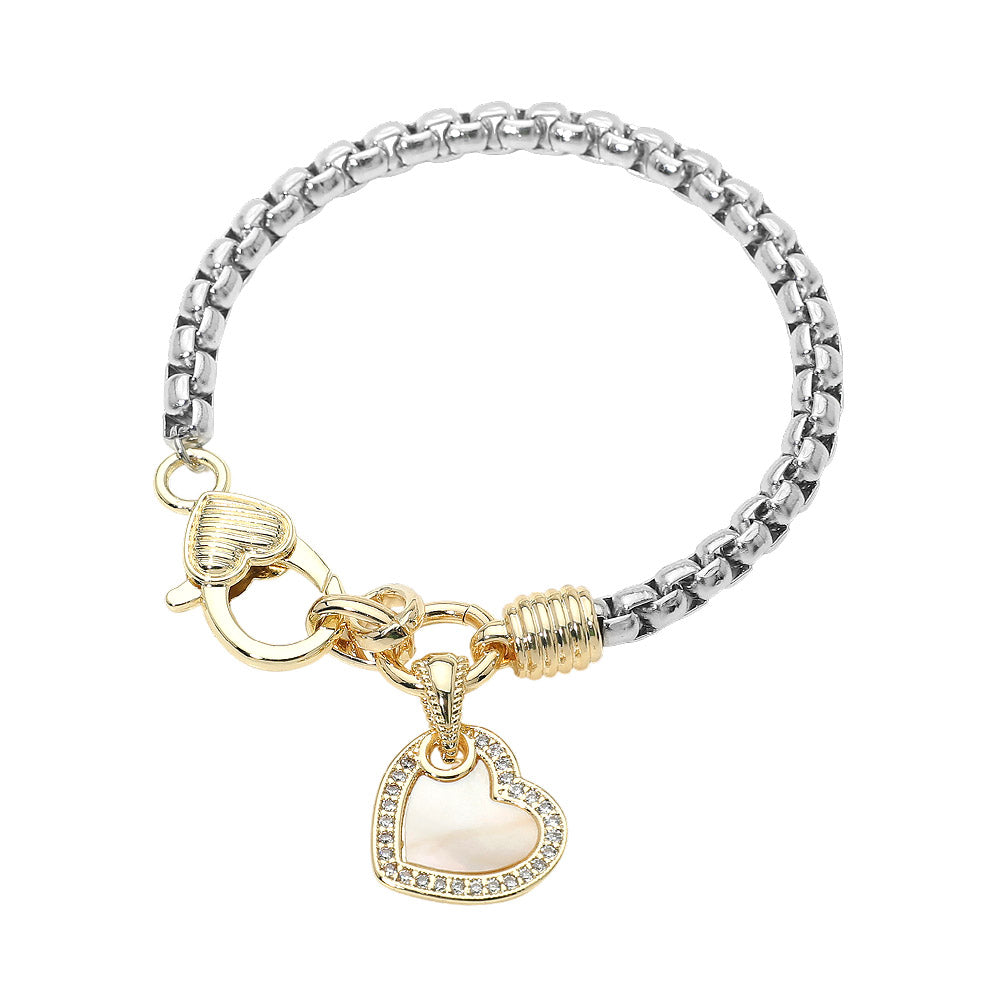 14K Gold Plated Two Tone CZ Rim Mother of Pearl Heart Charm Bracelet