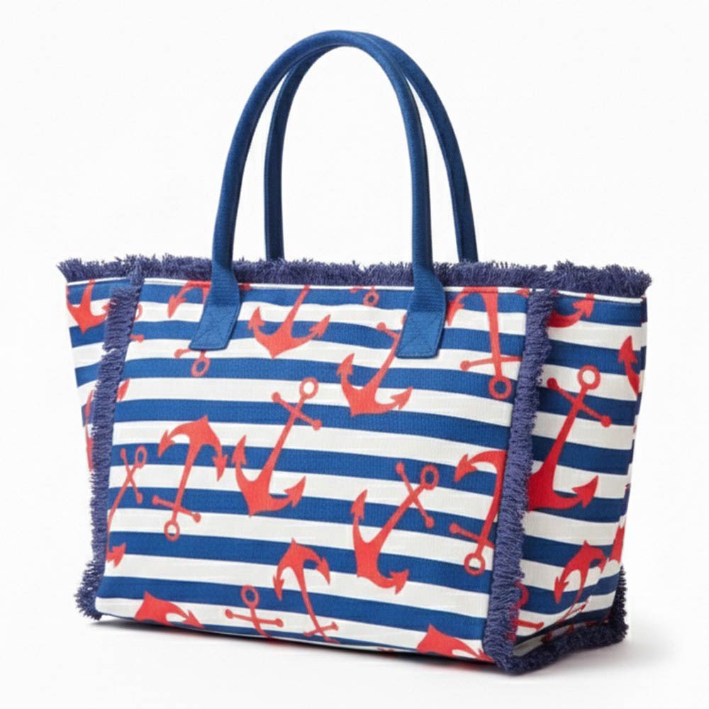 Anchor Pattern Stripe Fringe Trim Shoulder Tote Bag