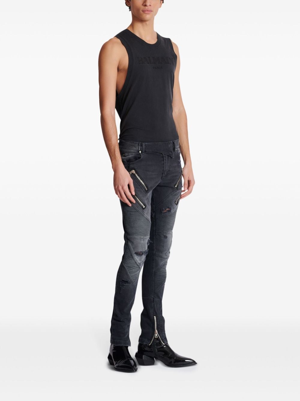 Anthracite Grey Stretch-Cotton Distressed Panelled Trousers