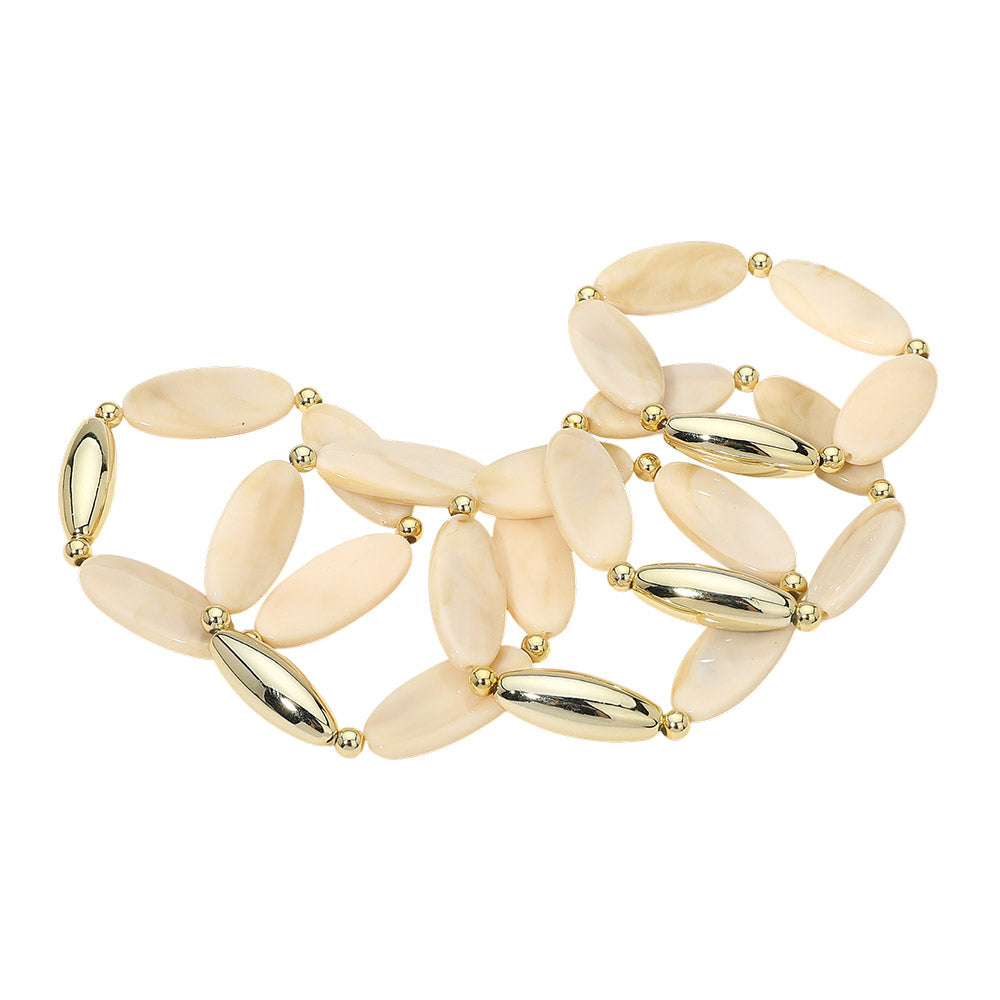 5PCS - Marquise Flat Resin Puffy Metal Beaded Stretch Multi Layered Bracelets