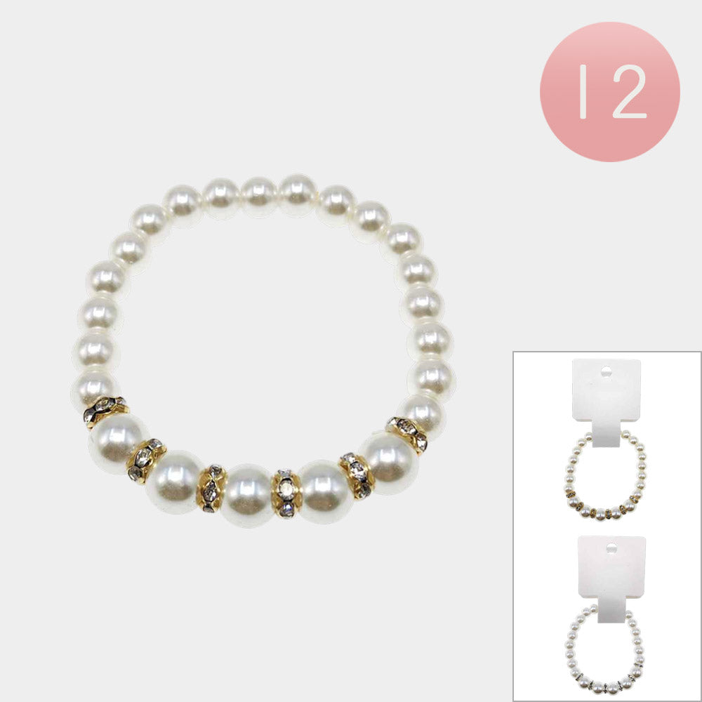 12PCS - Rhinestone Spacer Pearl Beaded Stretch Bracelets 0.35"
