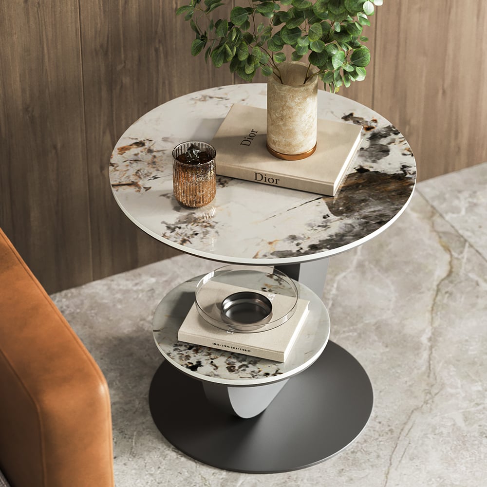 20" Round Sintered Stone 2-Tier Gold Moon-Shaped Side Table