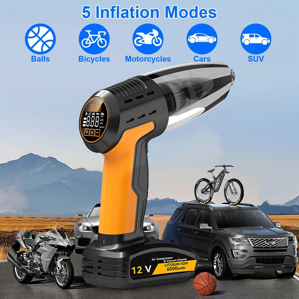 4 In 1 Cordless Car Vacuum Cleaner and Tire Inflator with LED Light Digital Display Tire Pressure Gauge 150PSI Rechargeable Air Compressor Pump Essential Car Accessories