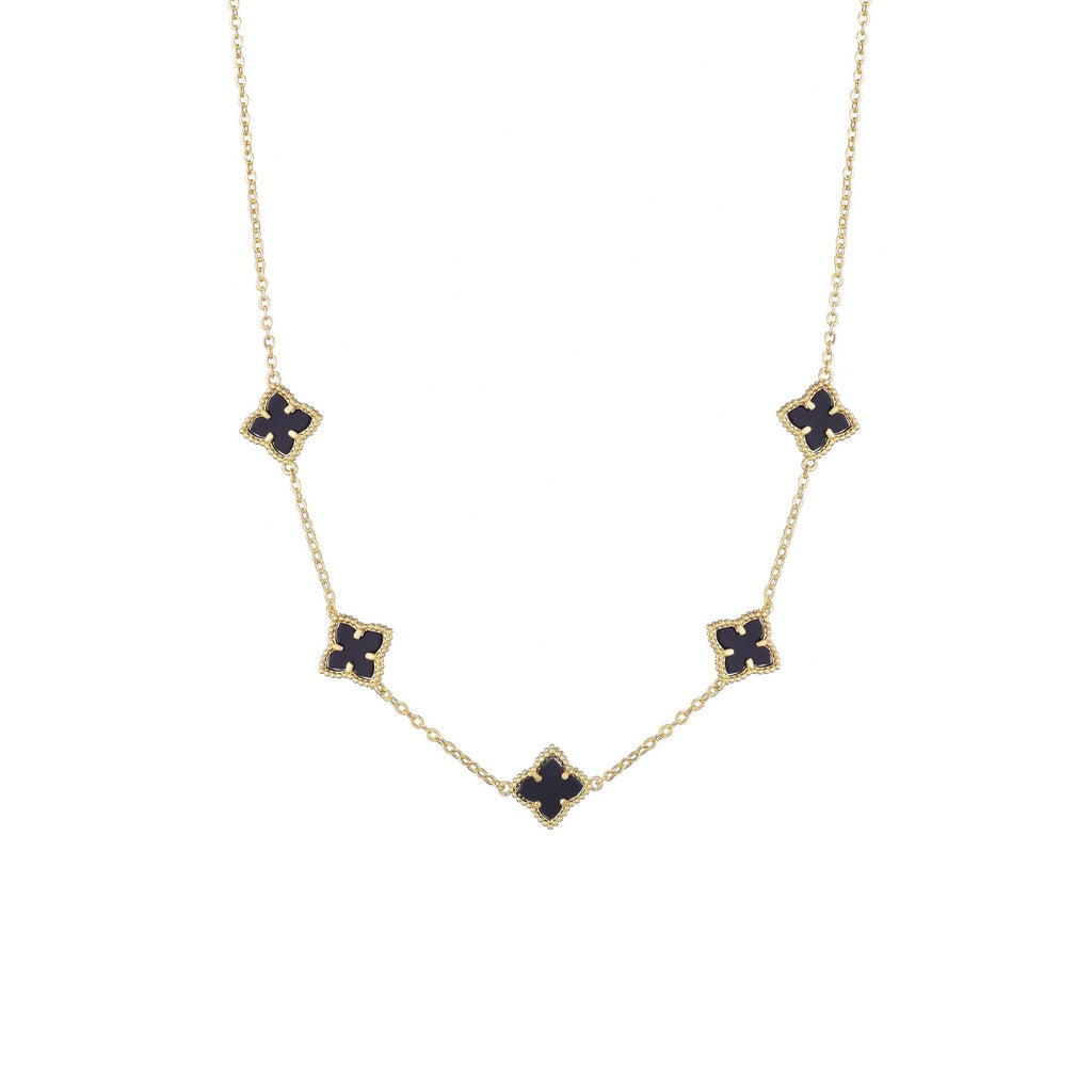14k Gold Plated Black Floral Station Necklace