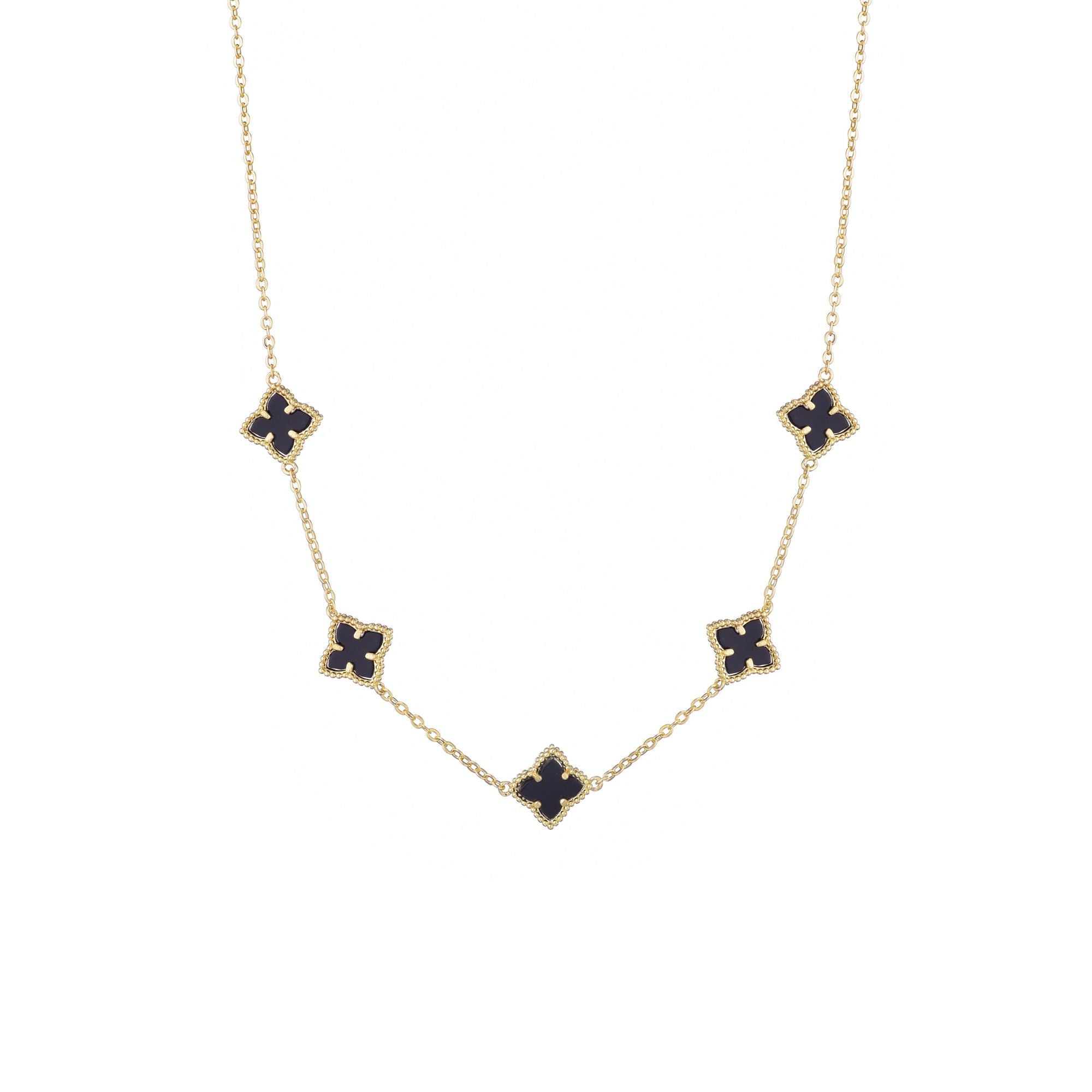 14k Gold Plated Black Floral Station Necklace