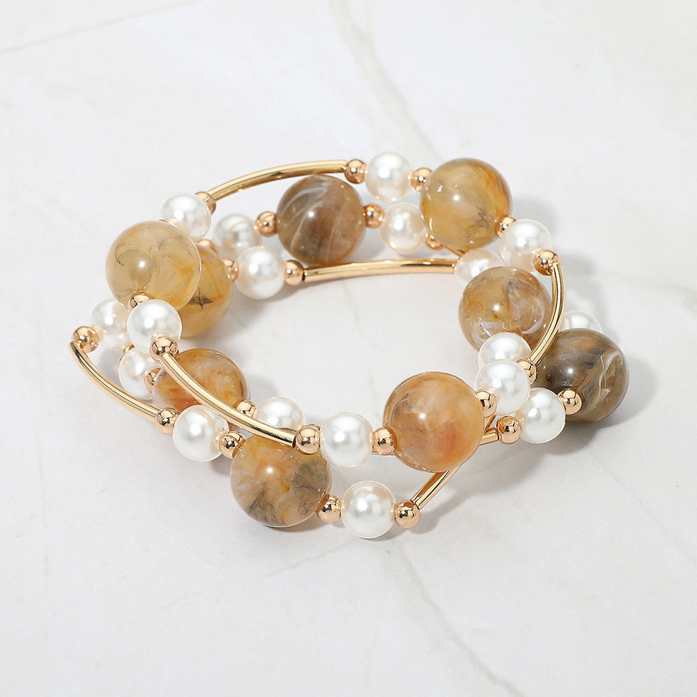 3PCS - Marbled Ball Pearl Metal Bar Beaded Stretch Multi Layered Bracelets