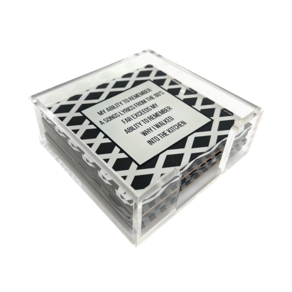 Acrylic Holder And Word Coaster - Set Of 4 In Black/white