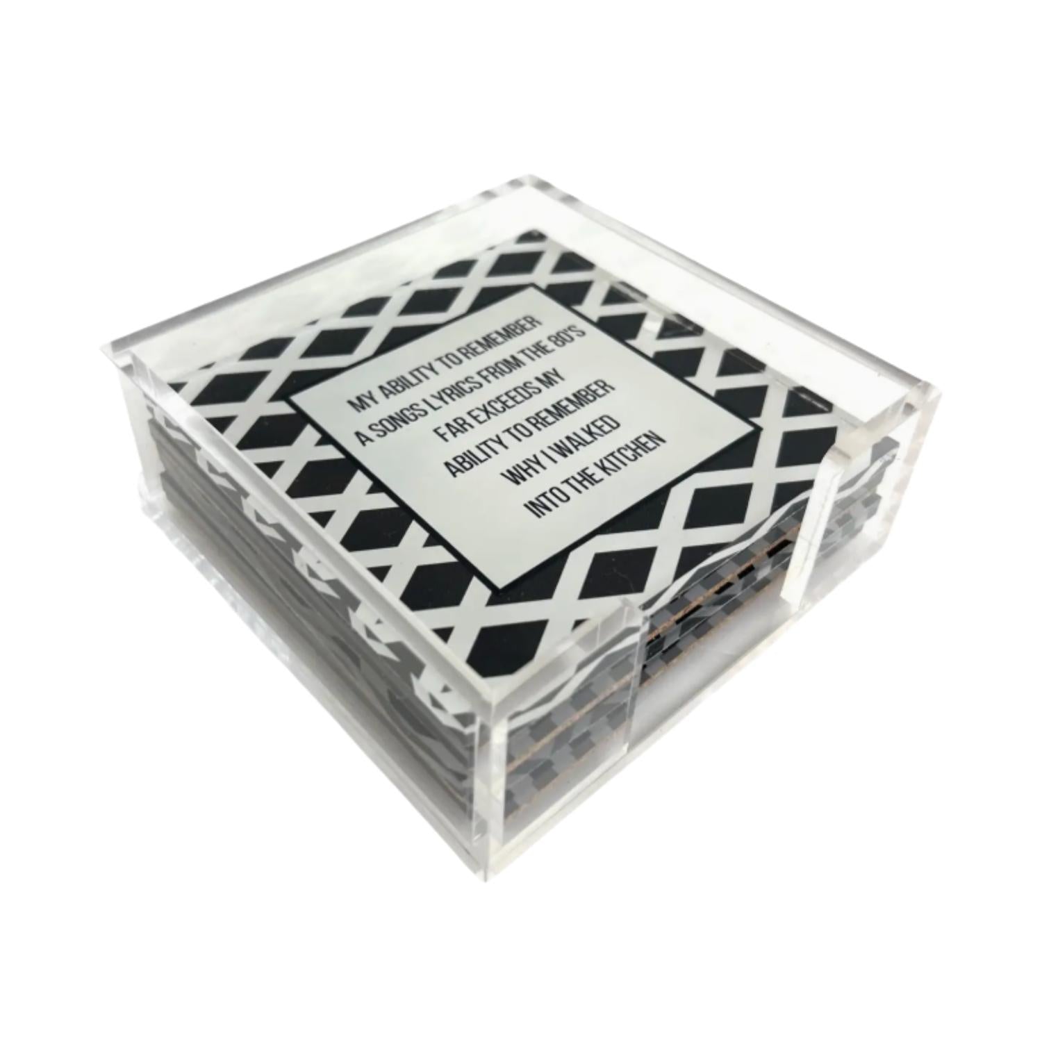Acrylic Holder And Word Coaster - Set Of 4 In Black/white