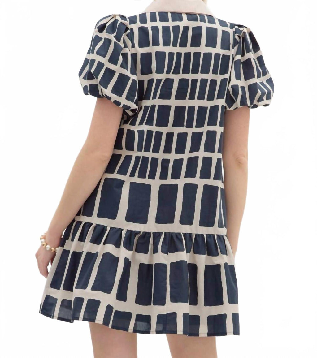 Abstract Print Short Bubble Sleeve Mini Dress In Blue