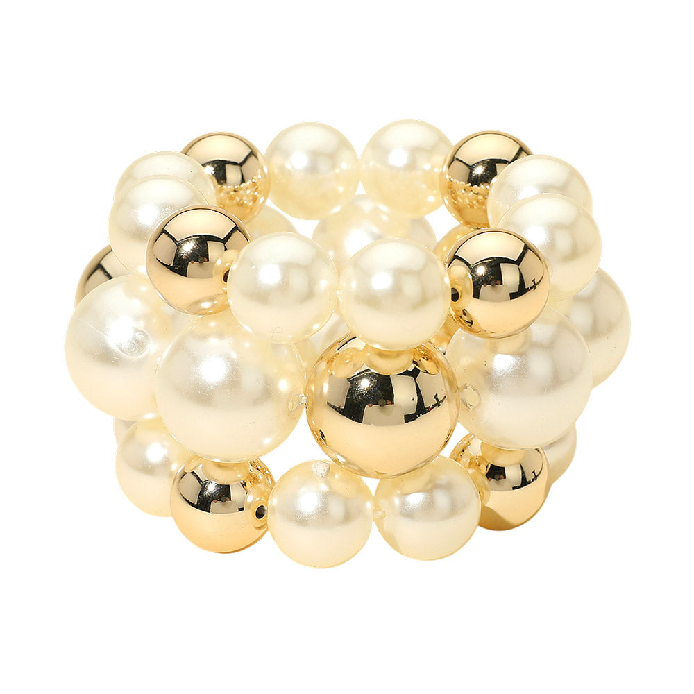 3PCS - Bold Pearl Metal Ball Beaded Stretch Multi Layered Bracelets