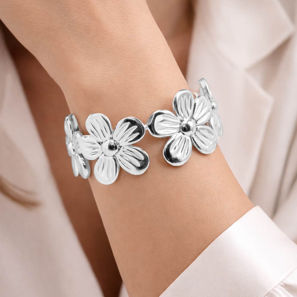 12PCS - Textured Metal Flower Link Cuff Bracelets