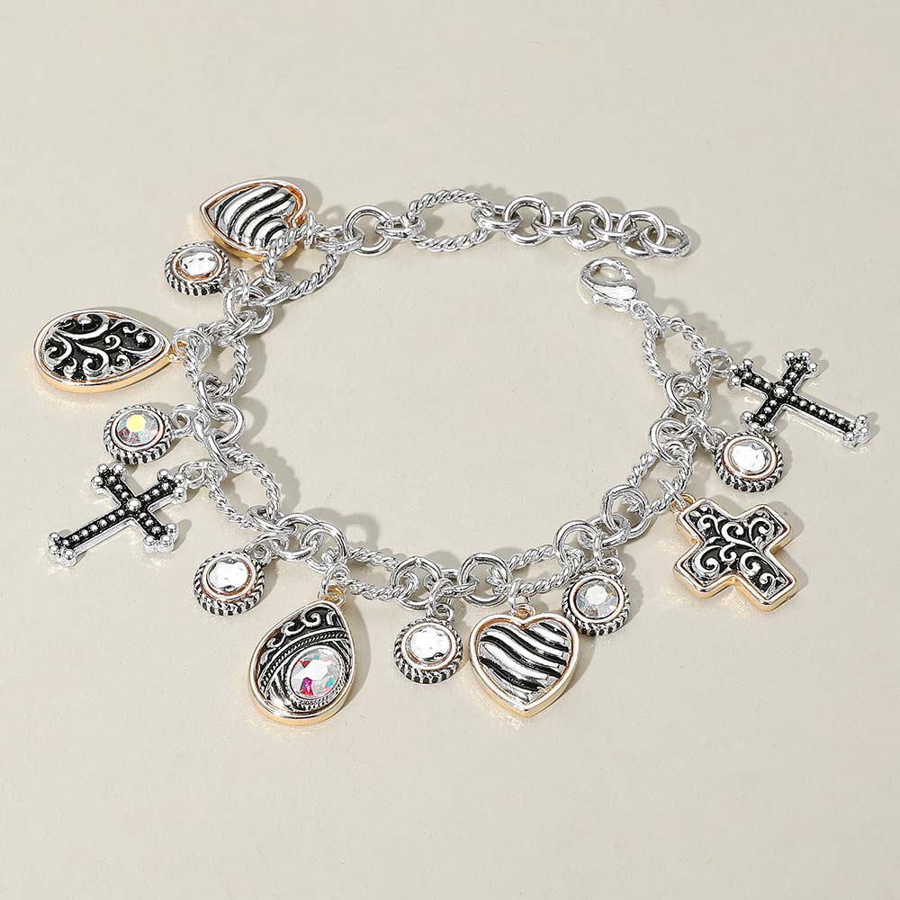 Antique Metal Cross Teardrop Heart Stone Charm Station Bracelet