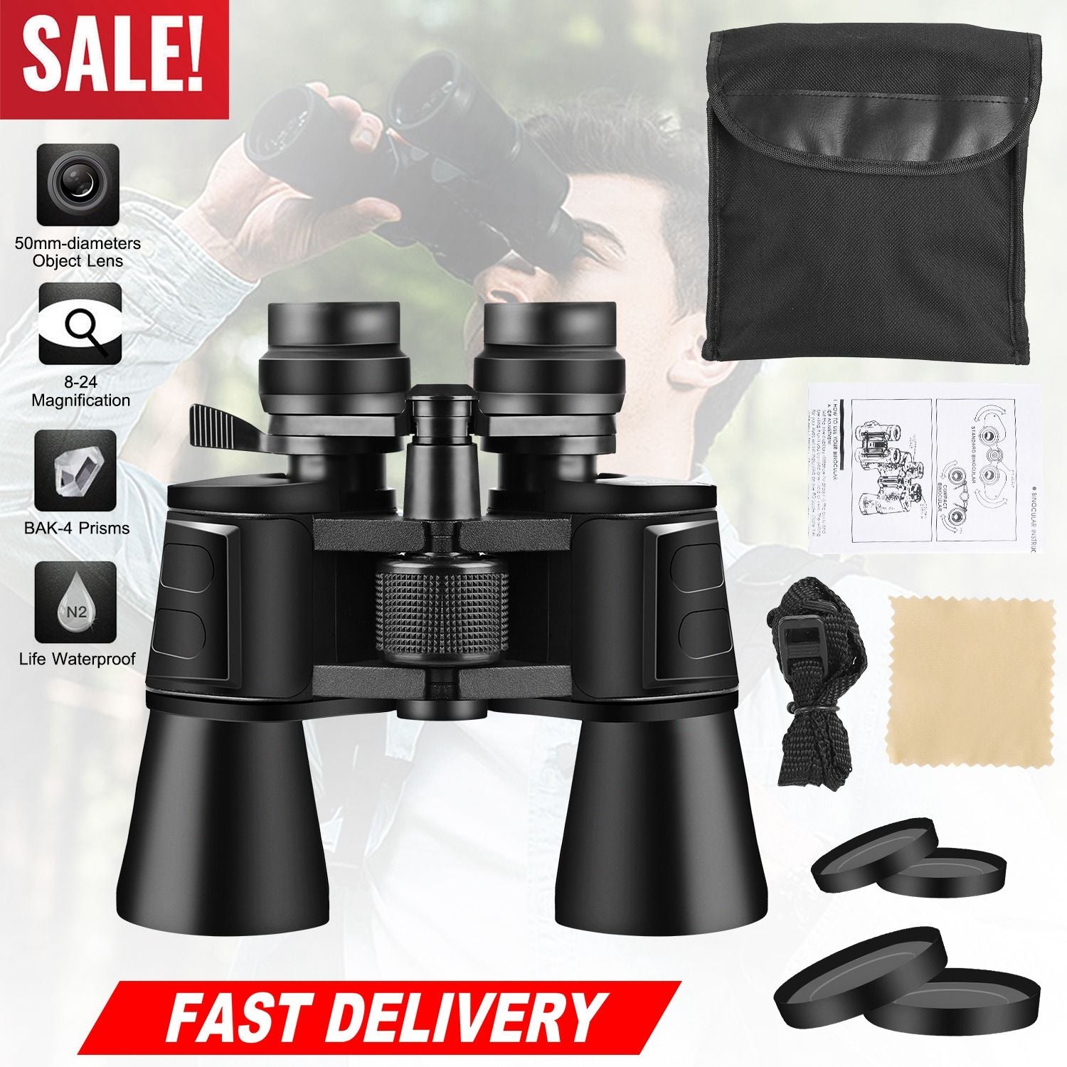 10-180X100 High-Powered Binoculars, 8-24x Magnification, 50mm Objective Lens, Low Light Night Vision, Multi-Layer Coated Aspherical Lenses, Large Field of View, Portable with Carrying Case