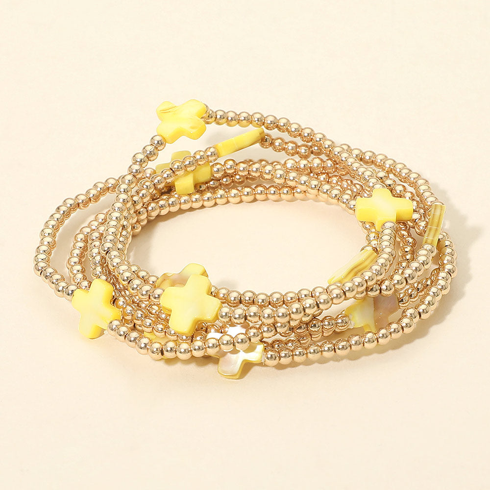 6PCS - Cross Charm Metal Ball Beaded Stretch Multi Layered Bracelets