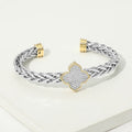 14K Gold Plated Two Tone CZ Pave Clover Accent Braided Cuff Bracelet