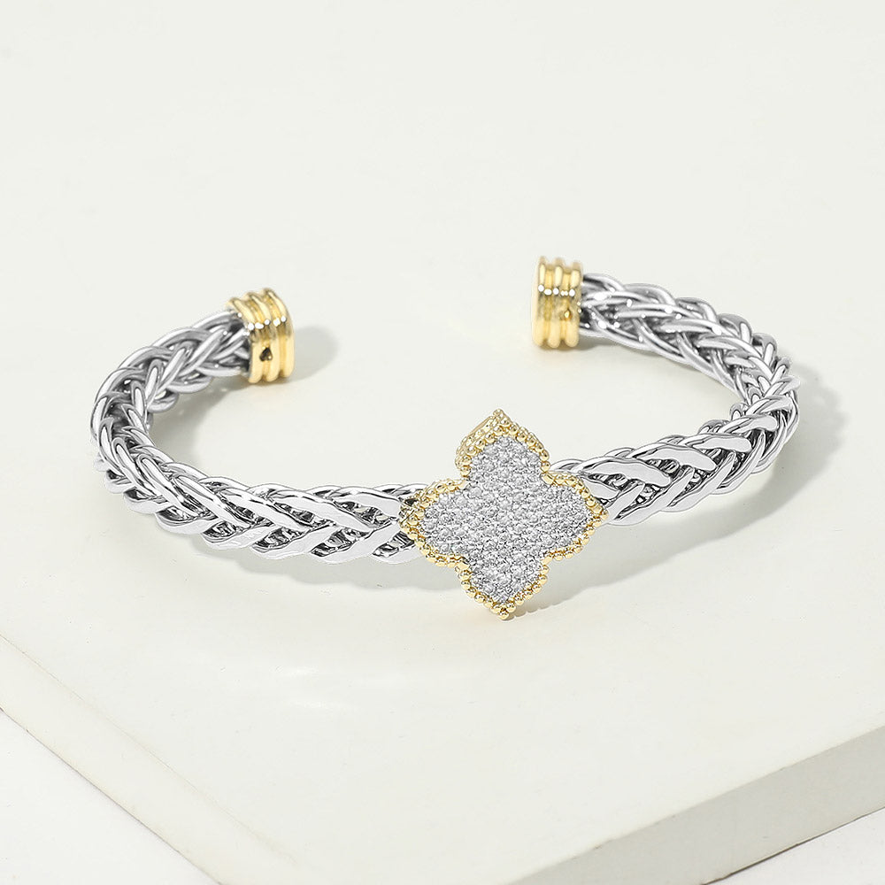 14K Gold Plated Two Tone CZ Pave Clover Accent Braided Cuff Bracelet