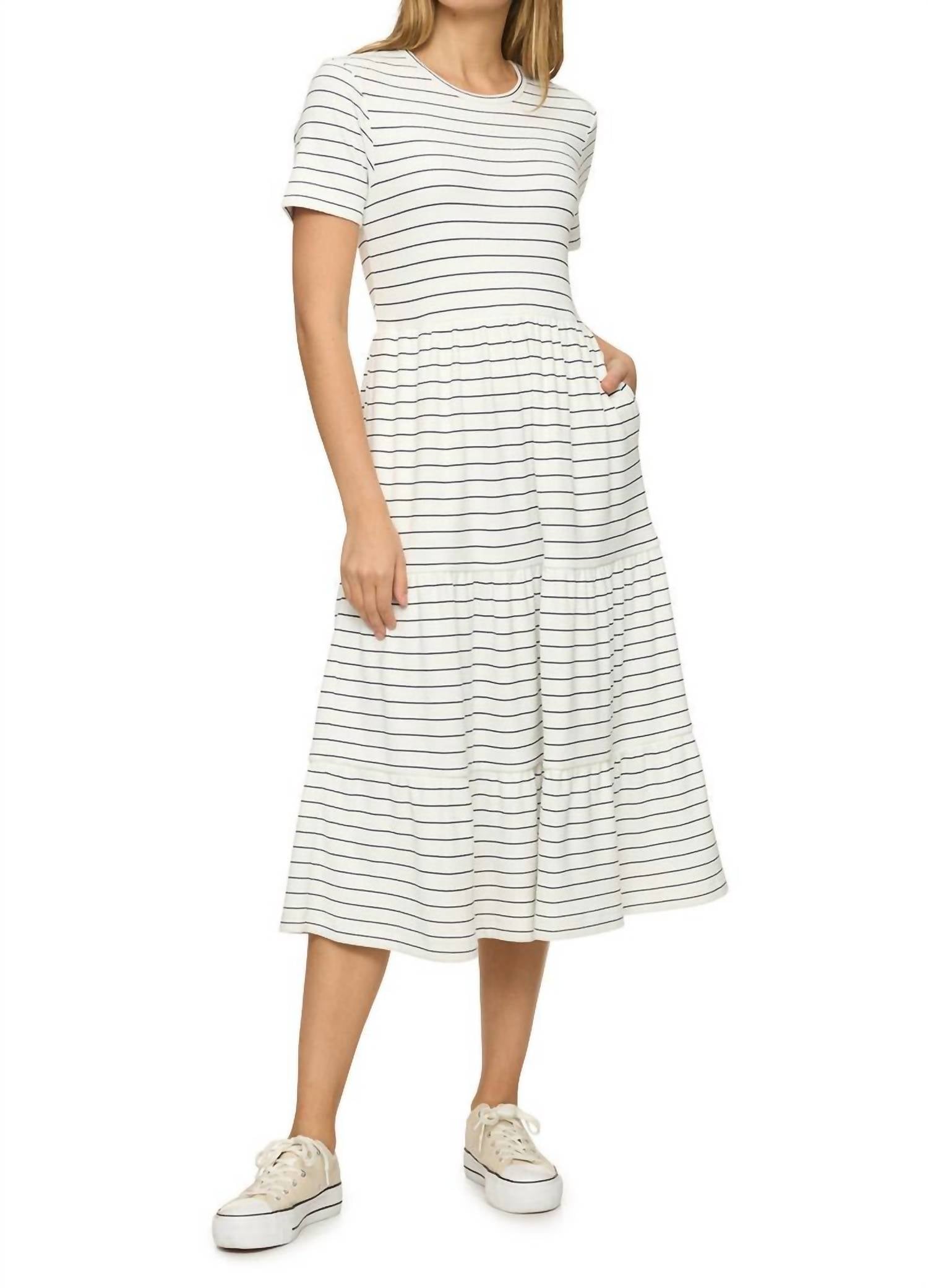 Ashby Tiered Dress In White And Black Stripe