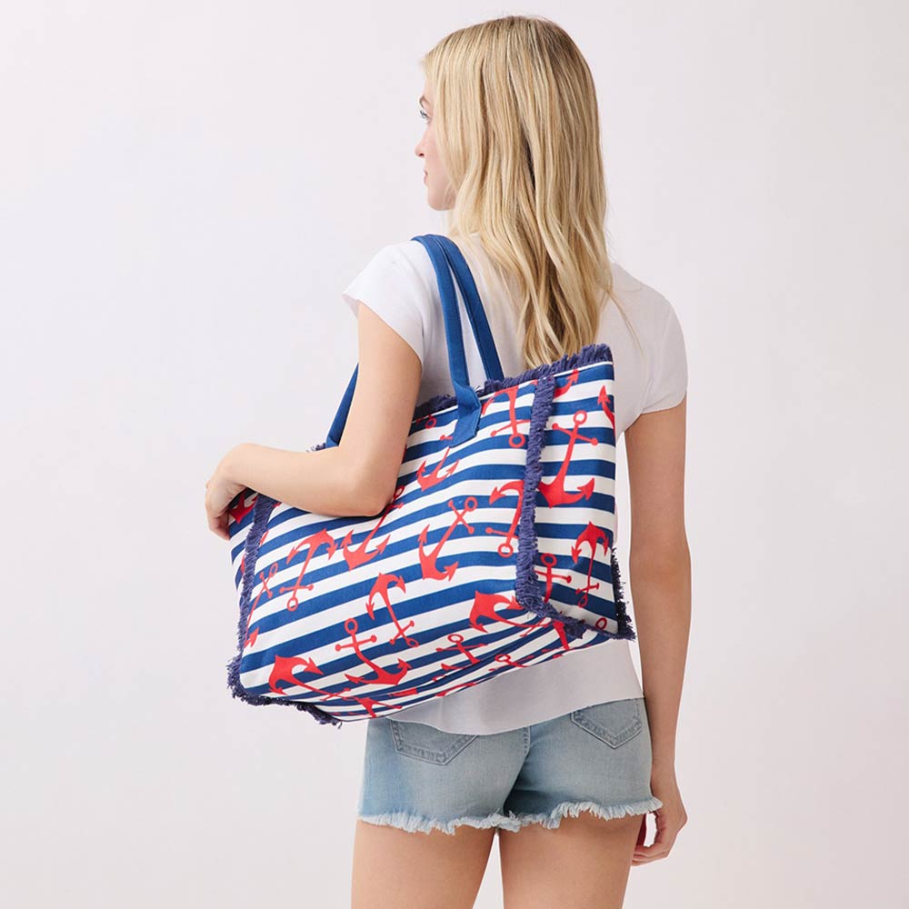 Anchor Pattern Stripe Fringe Trim Shoulder Tote Bag