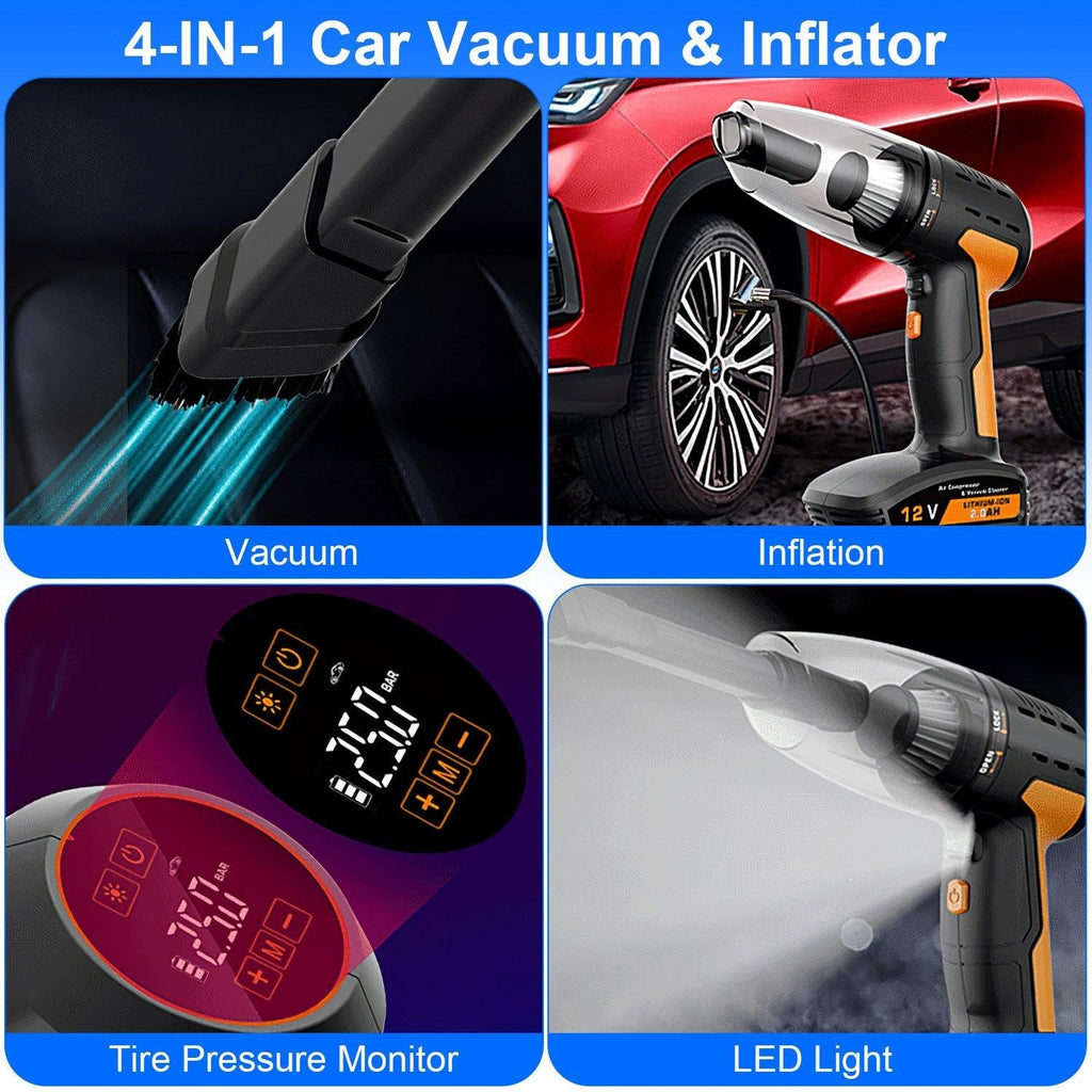 4-in-1 Cordless Car Vacuum & 150PSI Tire Inflator: Rechargeable, Digital Display, LED Light, Essential Car Accessory