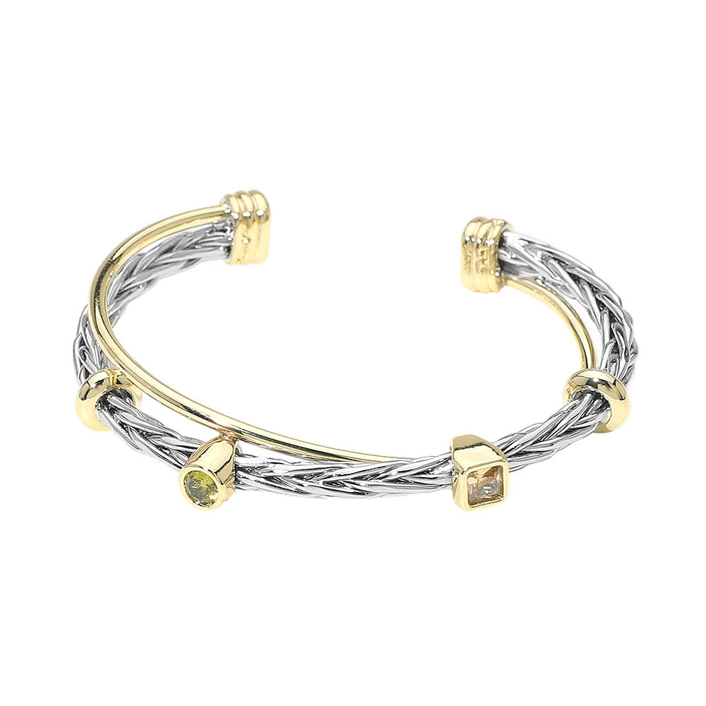 14K Gold Plated Two Tone Round Square CZ Bezel Accent Braided Cuff Bracelet