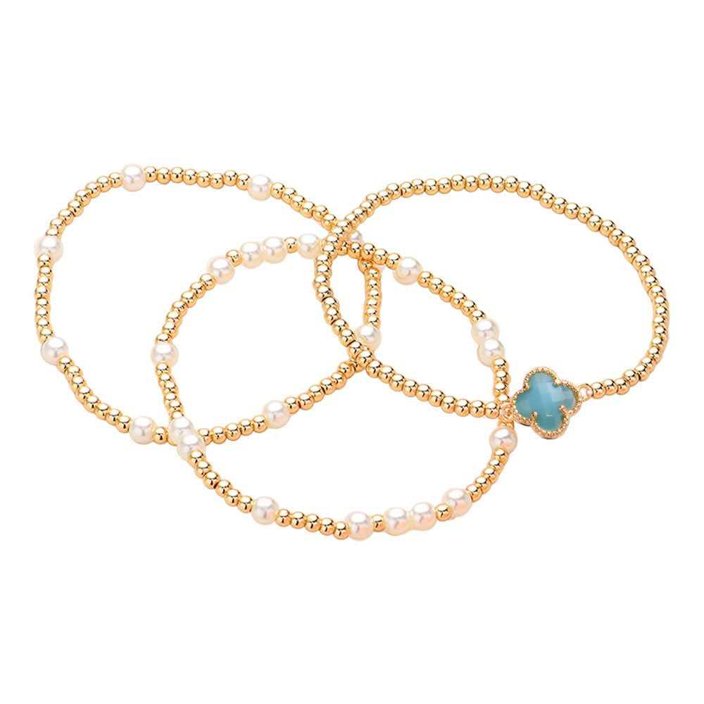 3PCS - Quatrefoil Pointed Pearl Metal Ball Beaded Stretch Multi Layered Bracelets