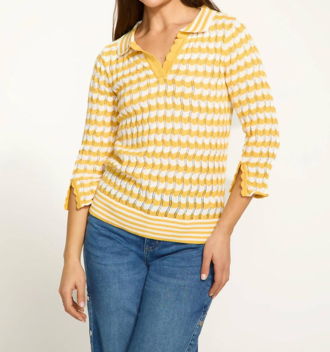 3/4 Sleeve Polo Sweater In Yellow