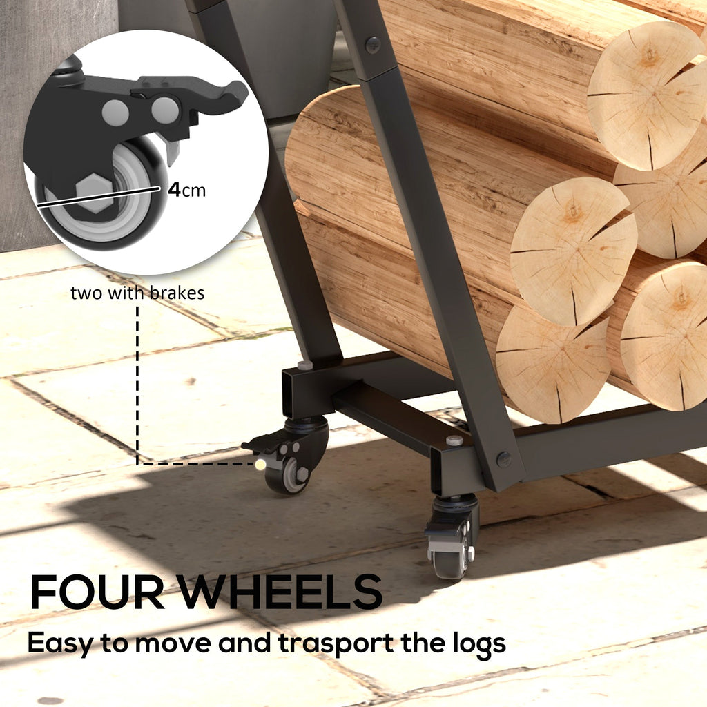 31" Firewood Rack with Wheels and Hooks for Tools & Kindling