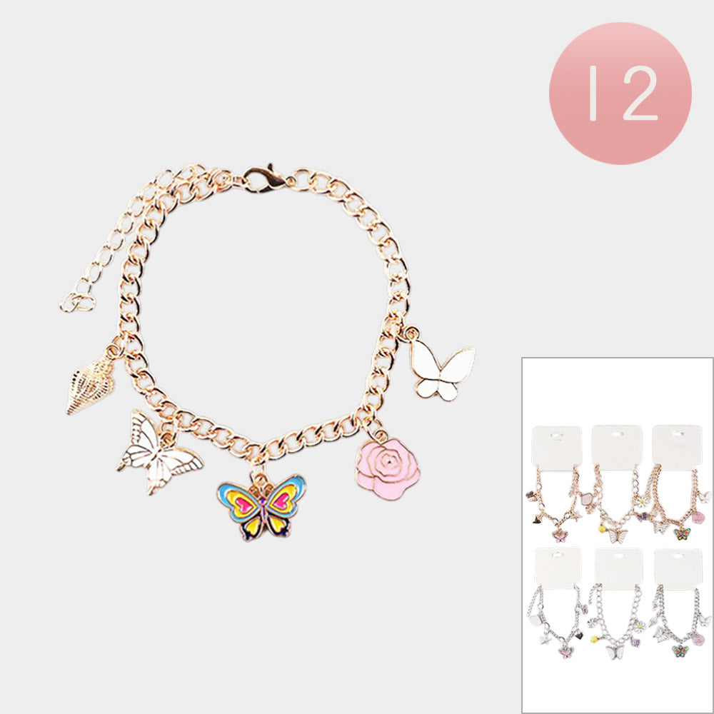 12PCS  - Butterfly Flower Shell Charm Station Bracelets