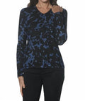 Abstract Long Sleeve V Neck Top In Blue/black