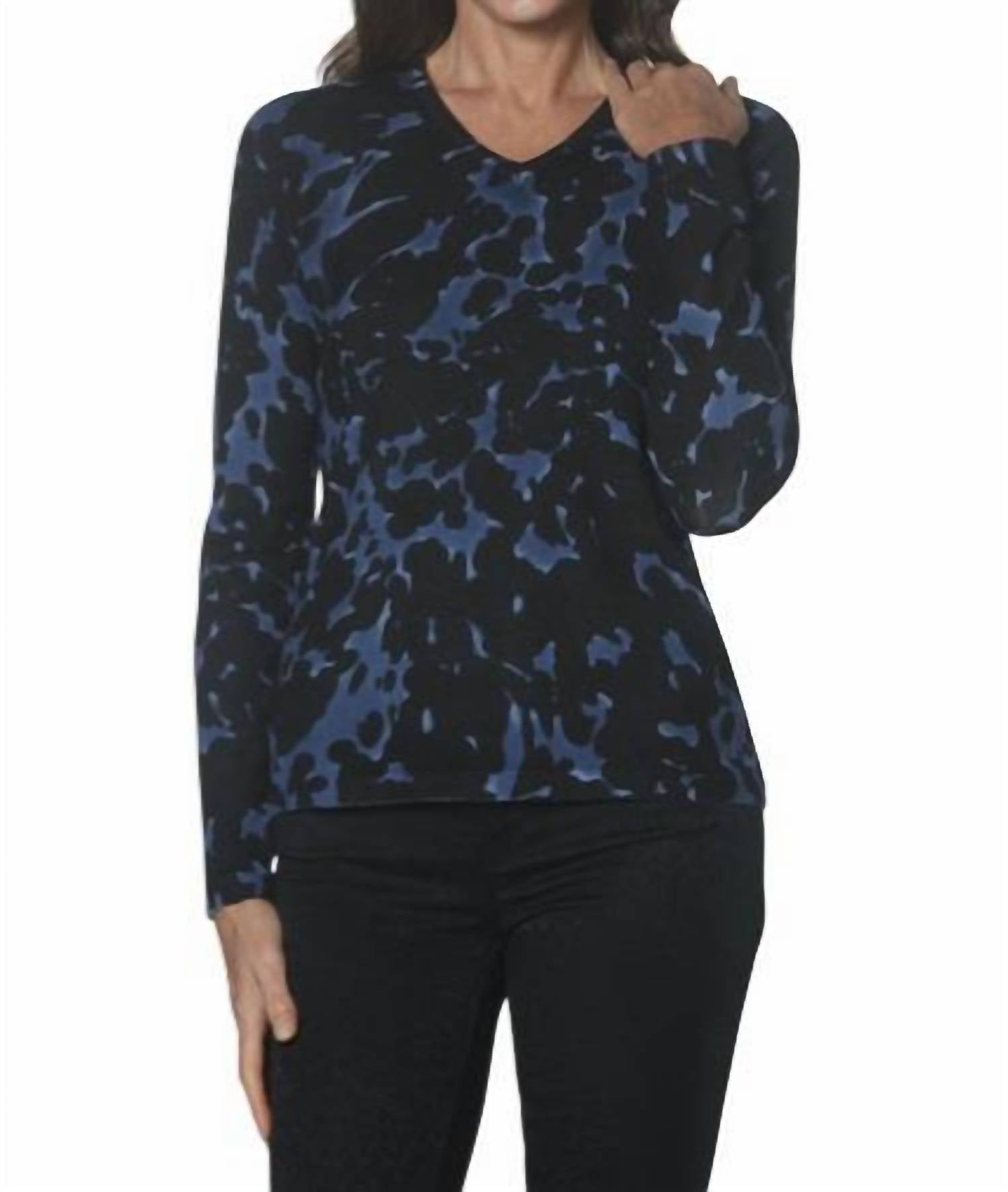 Abstract Long Sleeve V Neck Top In Blue/black