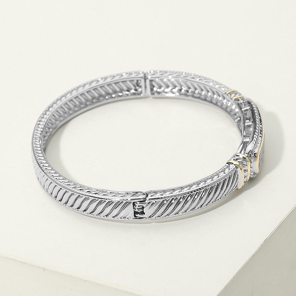 14K Gold Plated Two Tone CZ Pave Bar Accent Cable Hinged Bangle Bracelet