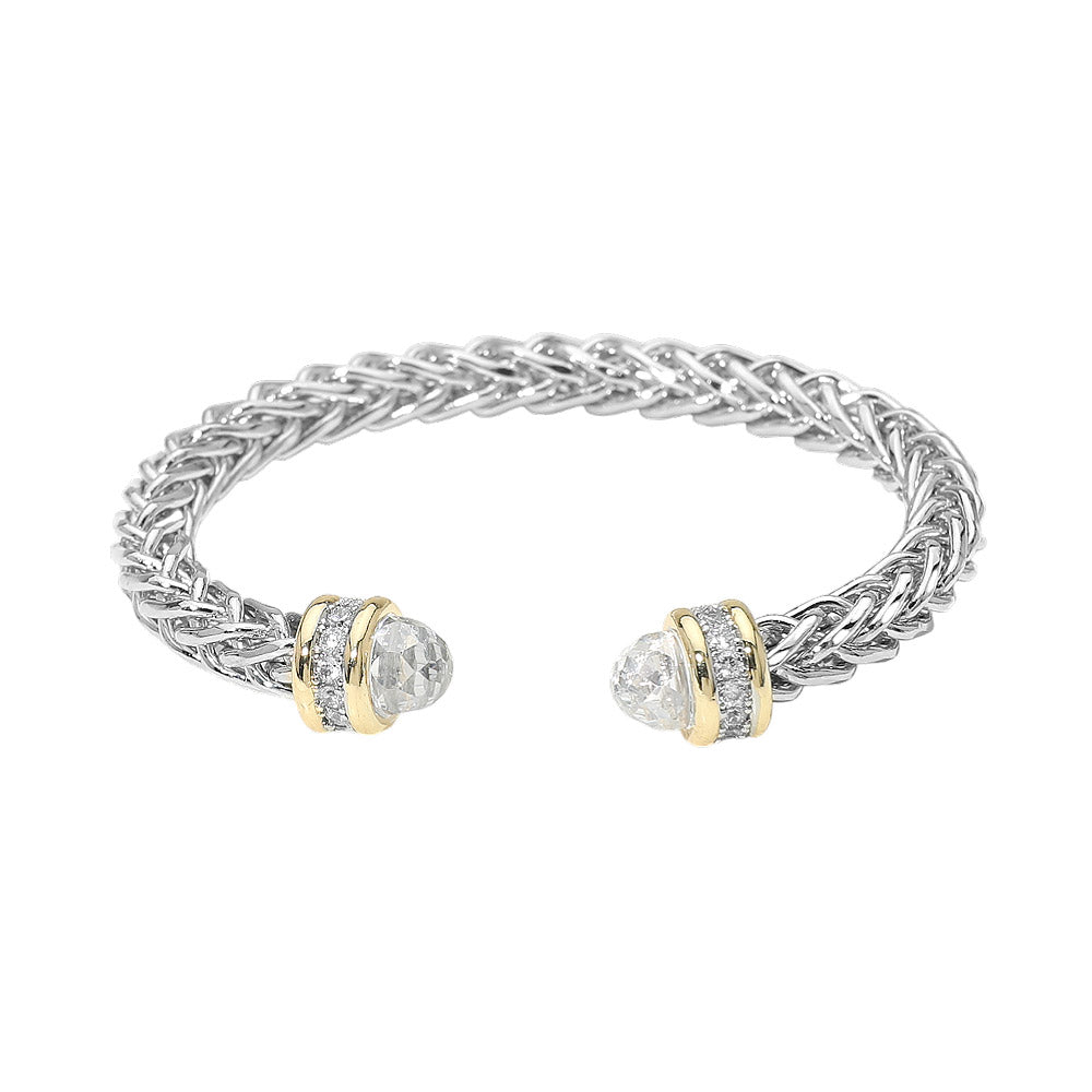14K Gold Plated Two Tone CZ Tip Braided Cuff Bracelet