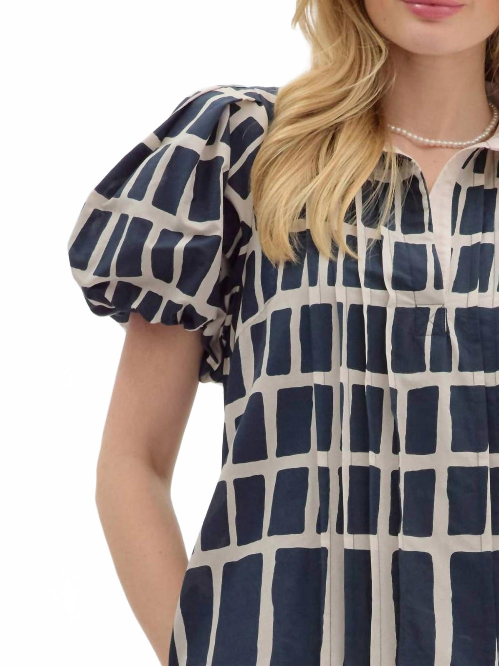 Abstract Print Short Bubble Sleeve Mini Dress In Blue