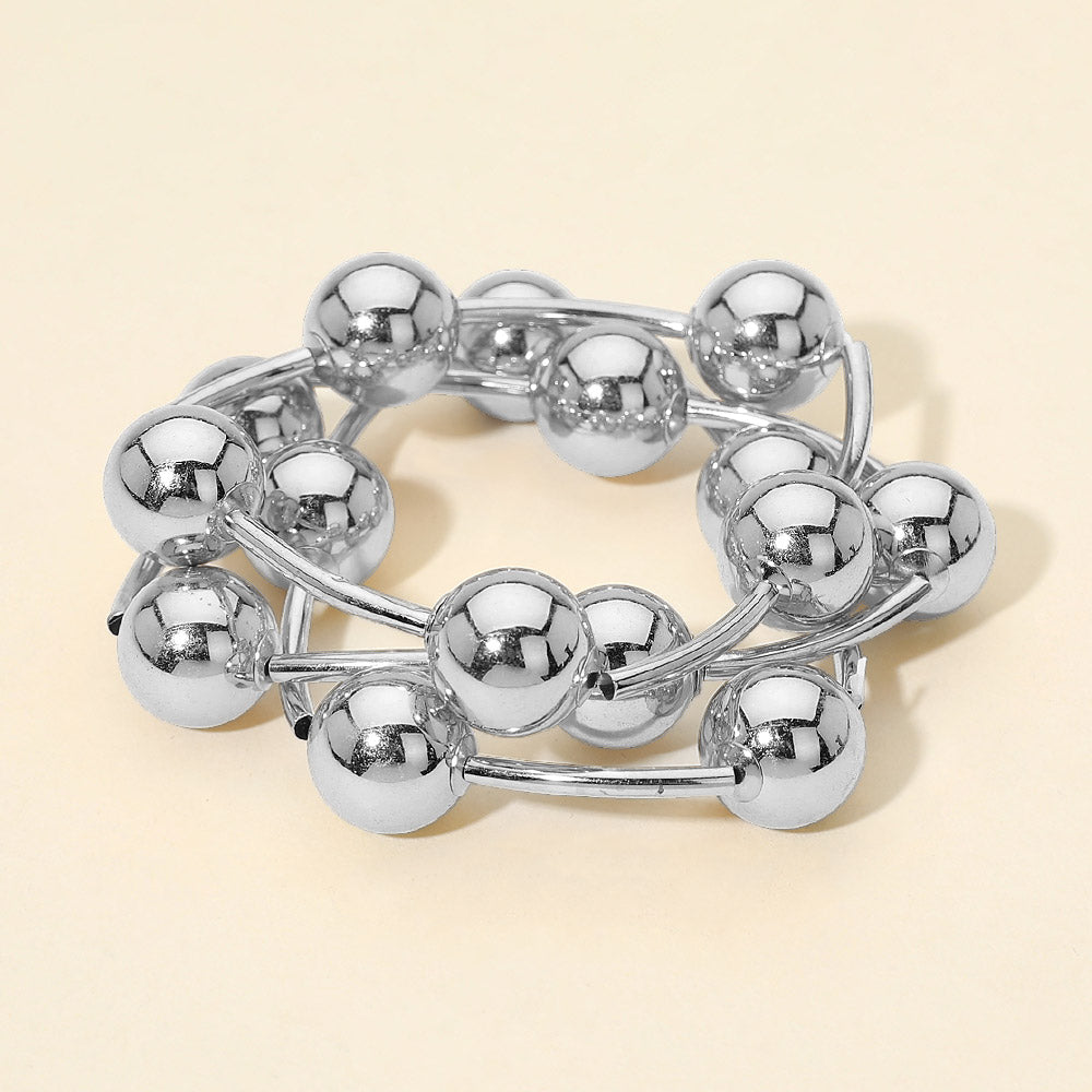 3PCS - Metal Ball and Bar Beaded Stretch Multi Layered Bracelets