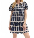 Abstract Print Short Bubble Sleeve Mini Dress In Blue