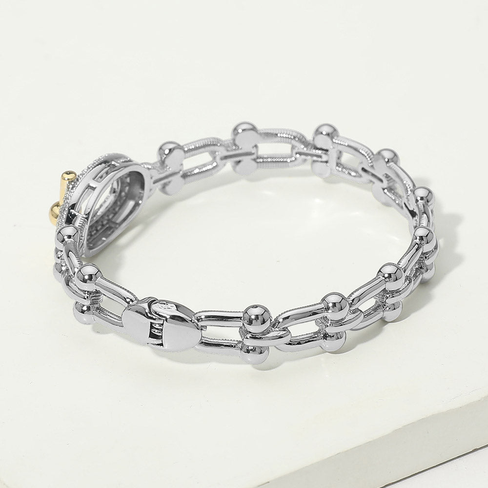 14K Gold Plated Two Tone CZ Pavel Oval Accent Industrial Link Hinged Bangle Bracelet