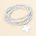 4PCS - Brushed Hammered Metal Cross Plate Charm Accent Metal Ball Beaded Stretch Multi Layered Bracelets