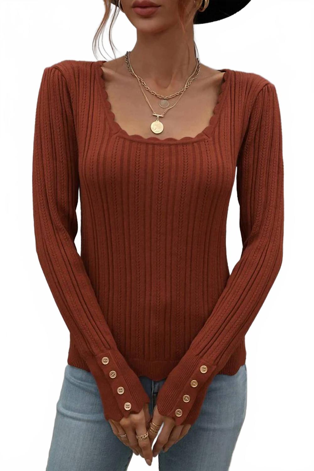 Analise Button Cuff Pointelle Knit Top In Rust