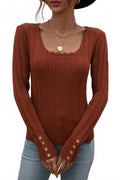 Analise Button Cuff Pointelle Knit Top In Rust