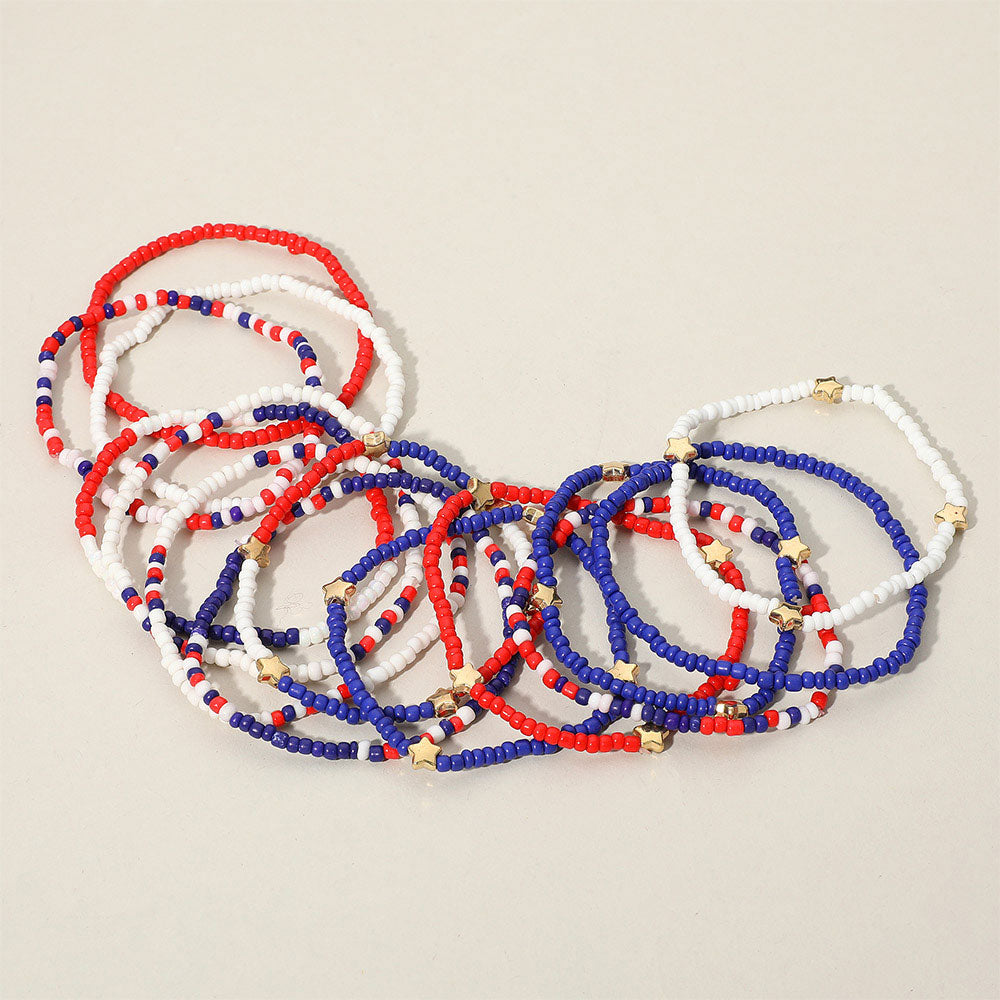14PCS - American USA Star Beaded Stretch Multi Layered Bracelets