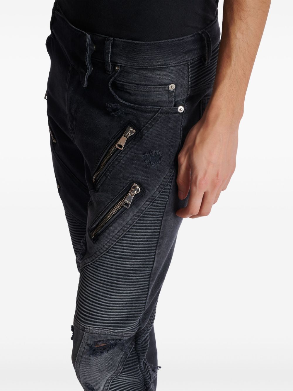 Anthracite Grey Stretch-Cotton Distressed Panelled Trousers