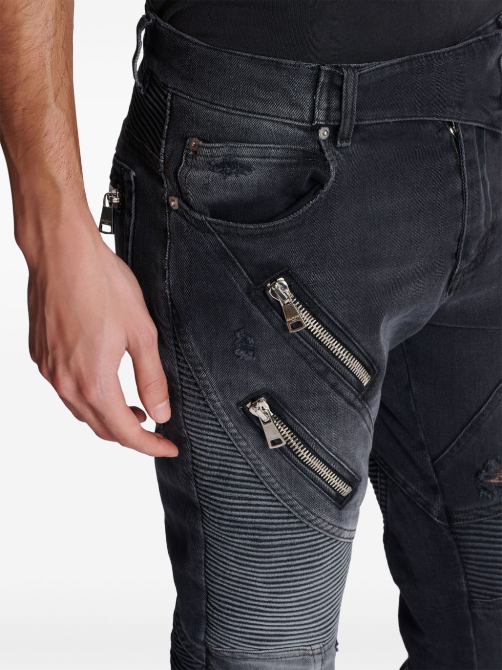 Anthracite Grey Stretch-Cotton Distressed Panelled Trousers