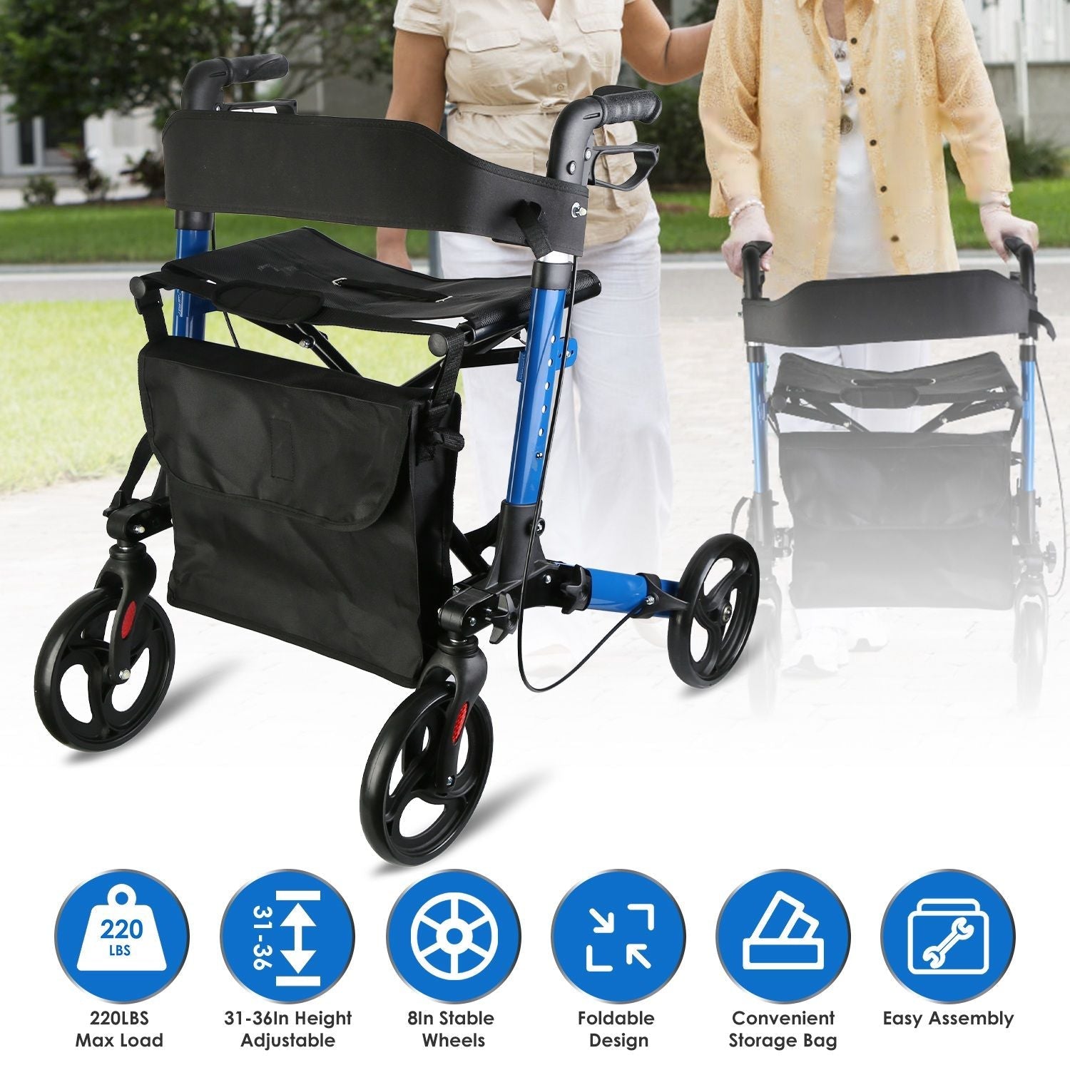 Aluminum Rollator Walker with Seat Backrest Foldable Rolling Walker with 220LBS Max Load 31-36in Adjustable Height 8in Wheels for Seniors Adult Mobility GPCT5252