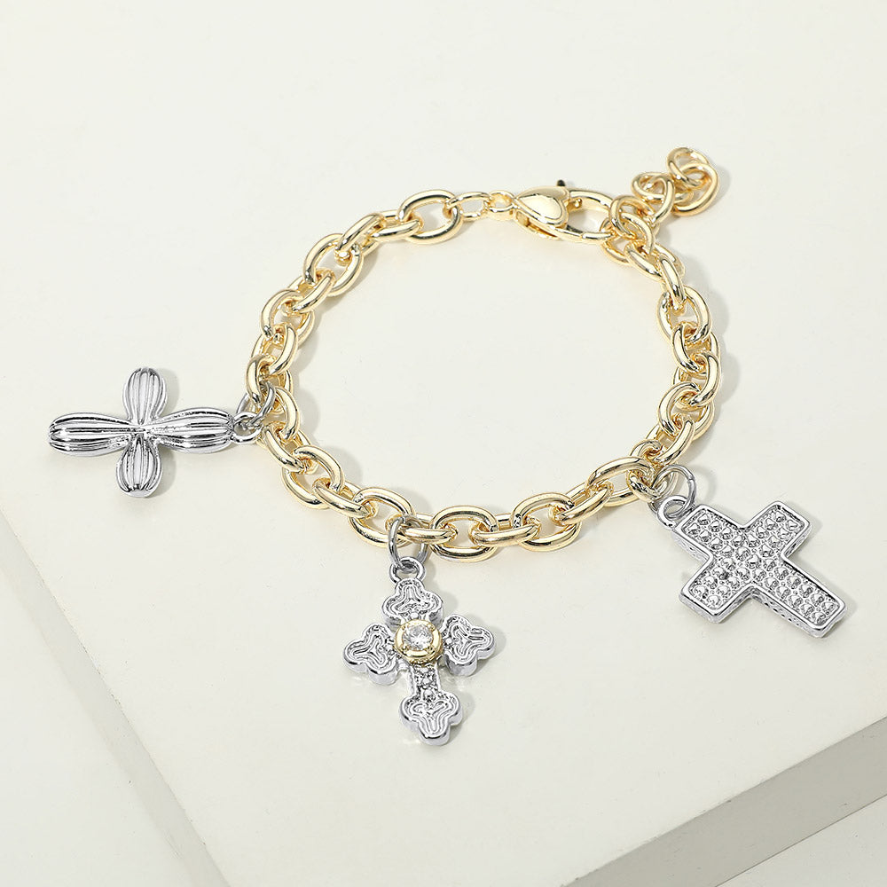14K Gold Plated Two Tone CZ Pave Cross Charm Station Bracelet