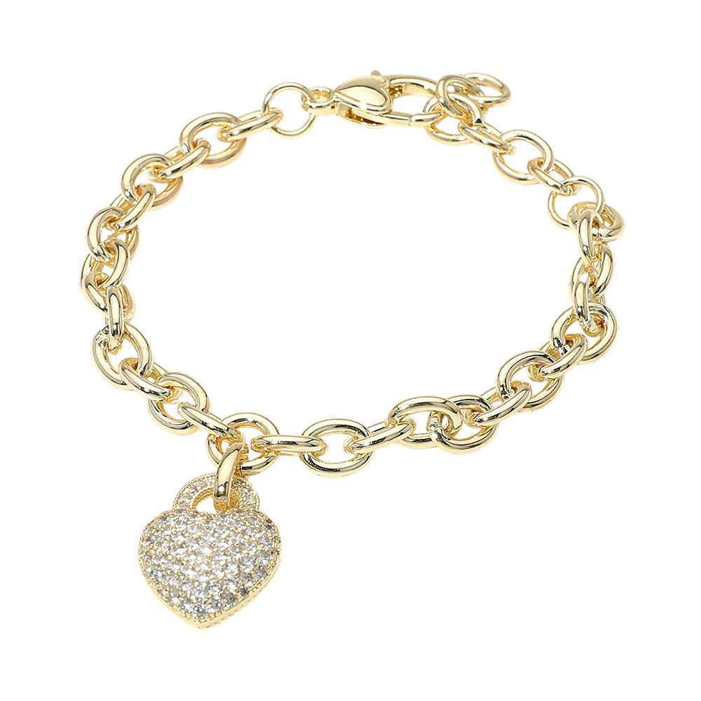 14K Gold Plated CZ Pave Heart Charm Chunky Chain Bracelet
