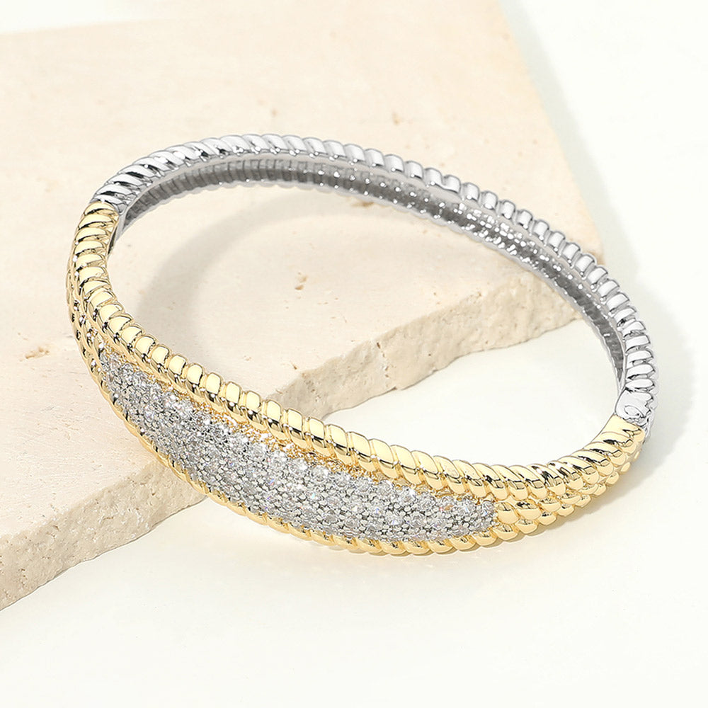14K Gold Plated Two Tone CZ Pave Center Hinged Bangle Bracelet