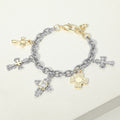 14K Gold Plated Two Tone Oval CZ Accent Cross Charm Station Bracelet