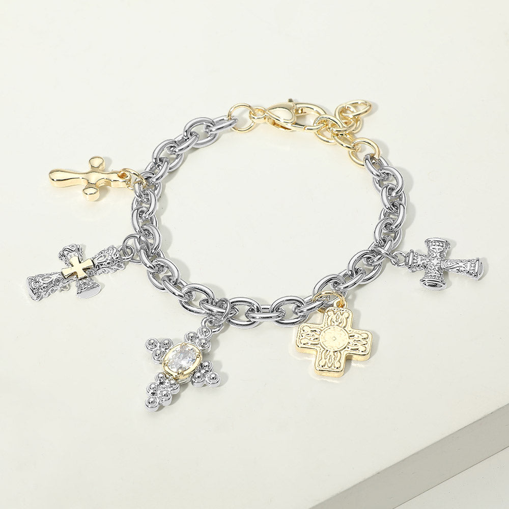 14K Gold Plated Two Tone Oval CZ Accent Cross Charm Station Bracelet