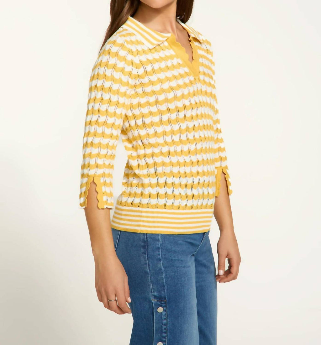 3/4 Sleeve Polo Sweater In Yellow